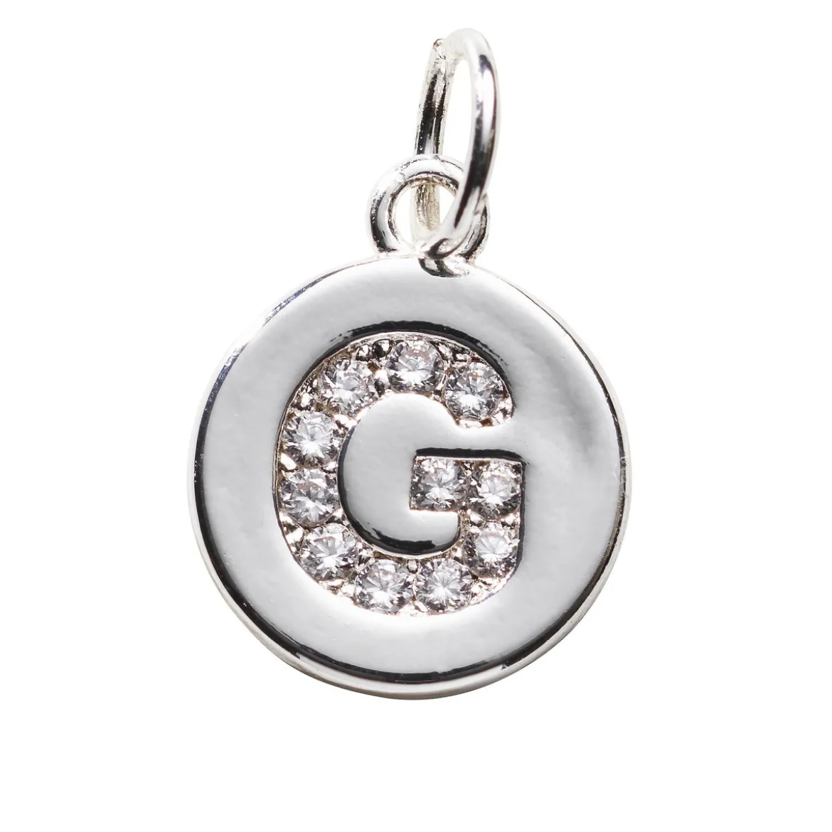 Bokstavshänge cirkel strass G – Ø12 mm, mässing pläterat med 925 sterling silver