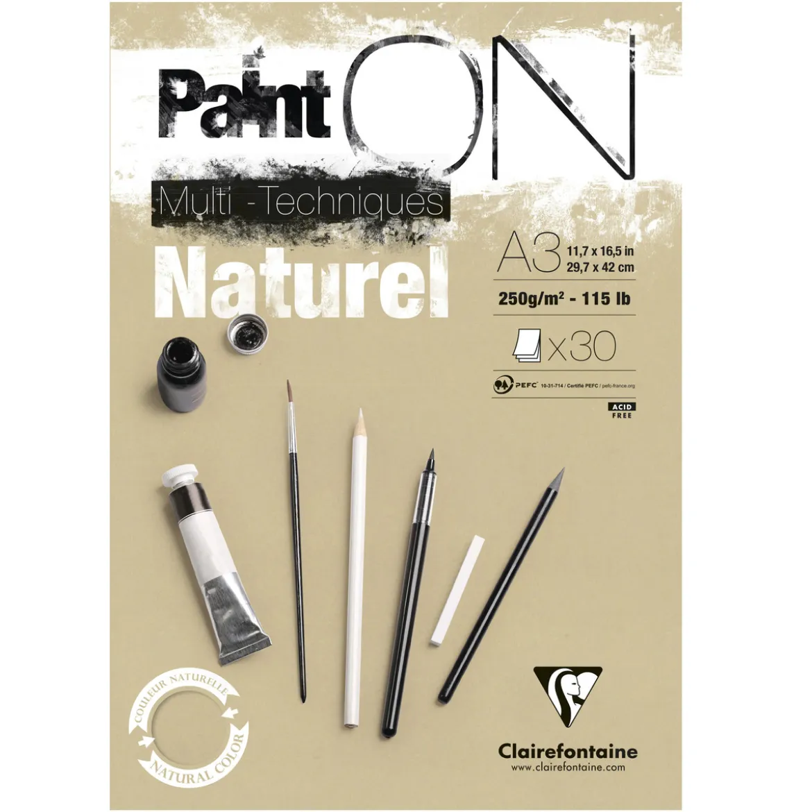 Clairefontaine Paint ON Multi Techniques block A3 (297×420 mm), 30 naturfärgade ark, 250 g/m²