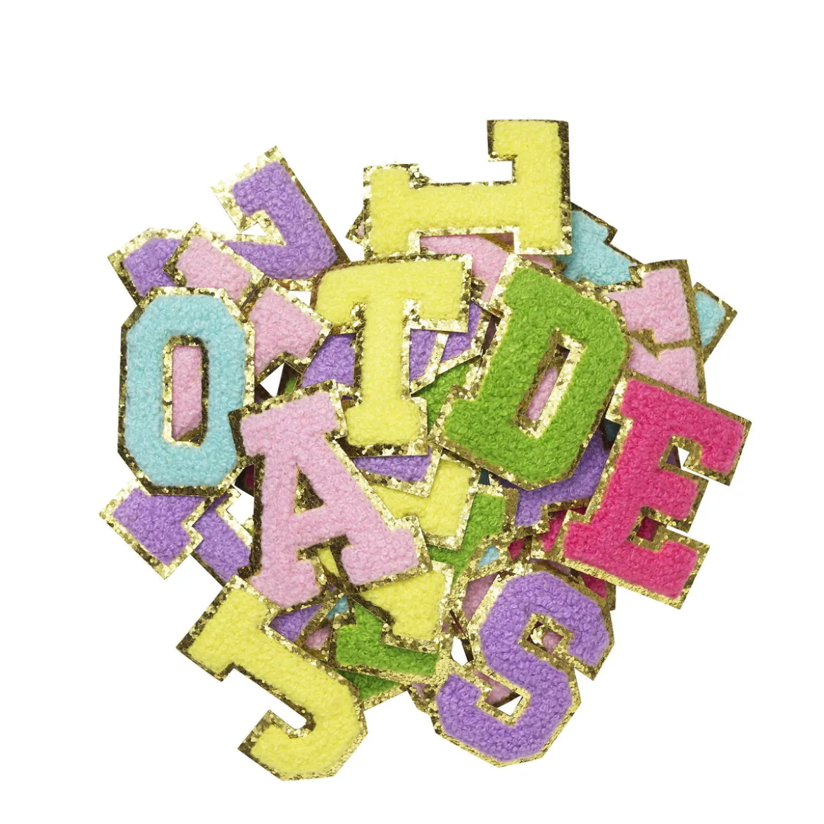 Iron-On bokstäver, färgglad mix med guldglitter, 40 st. A–Z, längd 6 cm