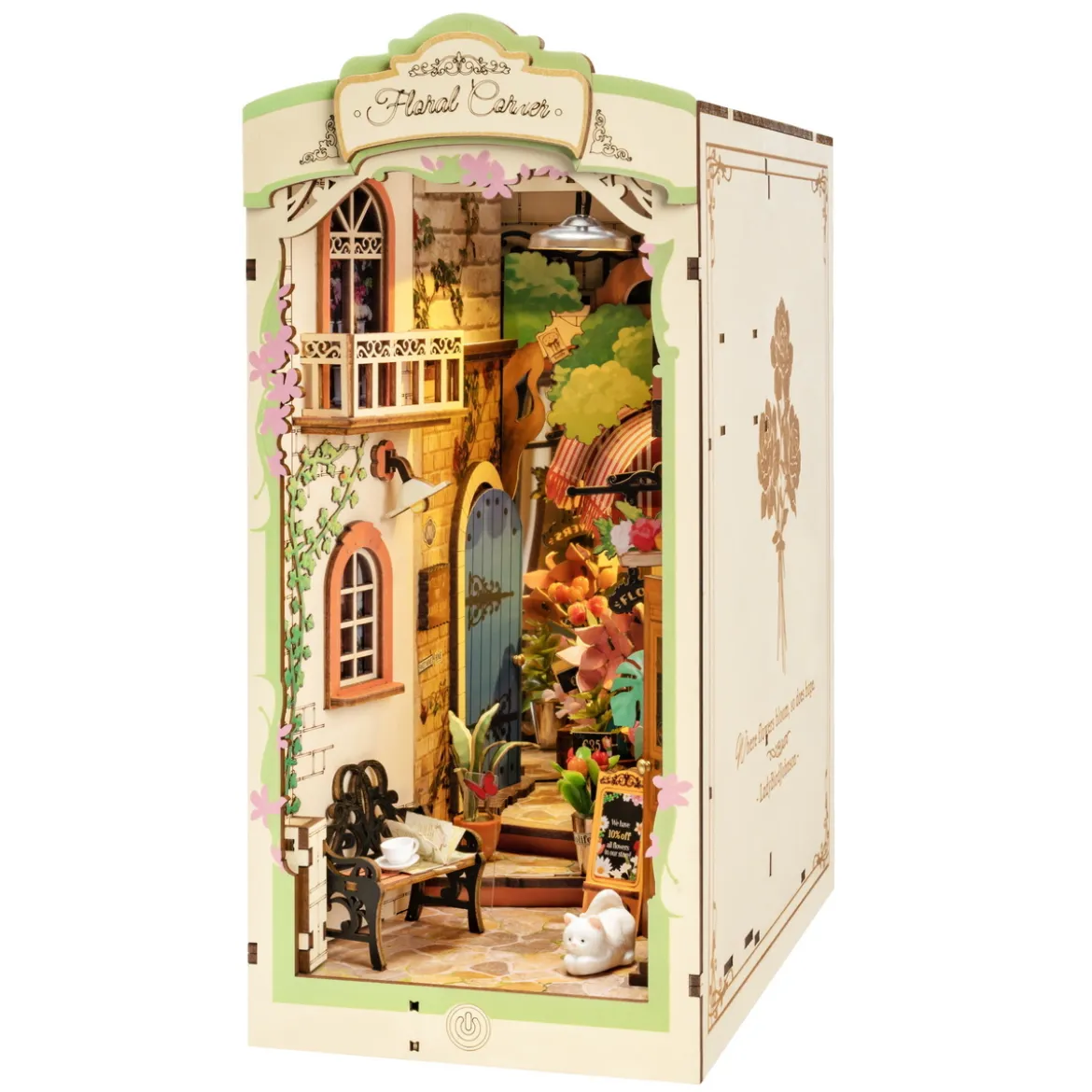 Rolife DIY Bookend Floral Corner miniatyr diorama – TGB09, 108×190×240 mm